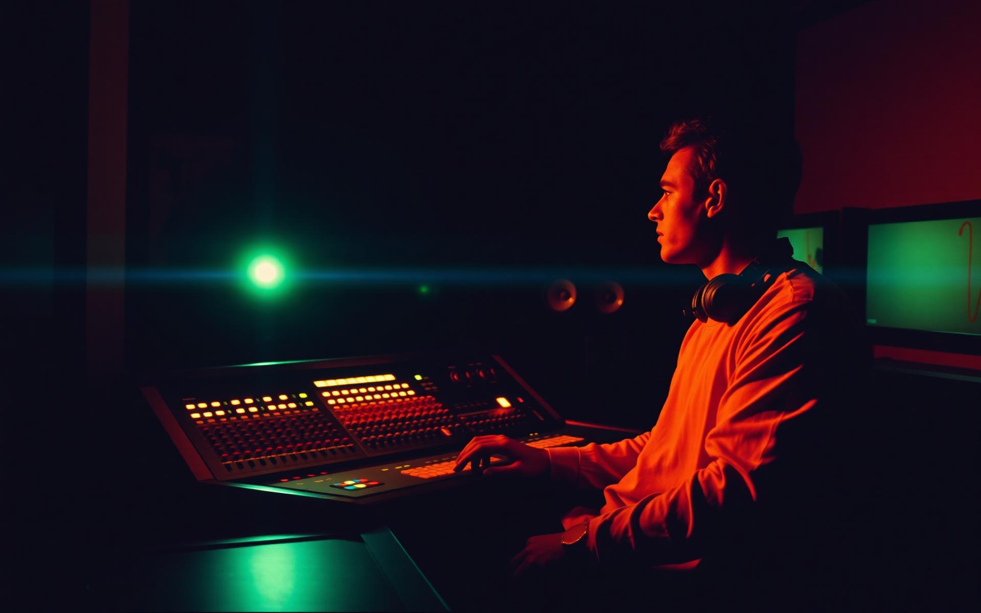A musician at a vintage studio console, lit by warm amber light