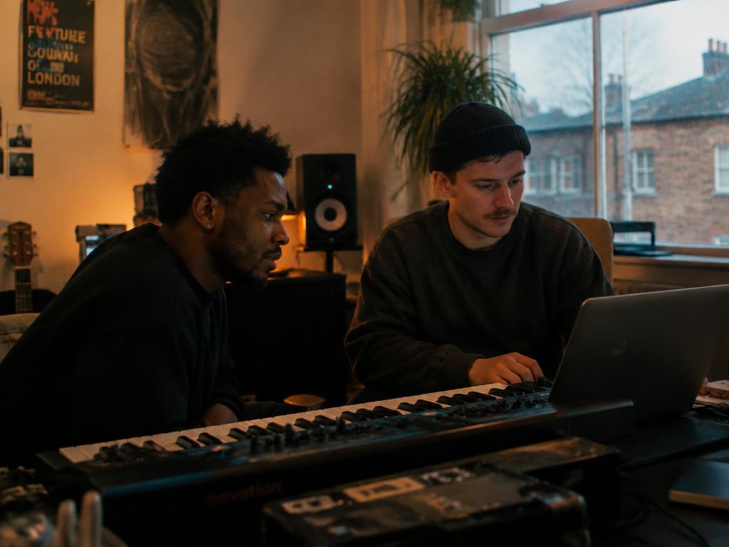Two musicians developing a track together in a studio